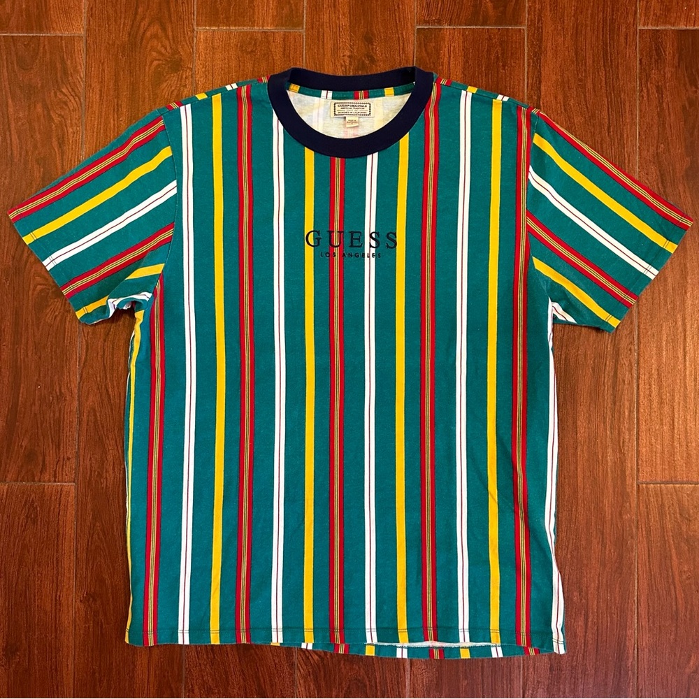 Vintage Guess Originals Vertical Stripes Los Angeles Shirt XL Red Yellow Teal